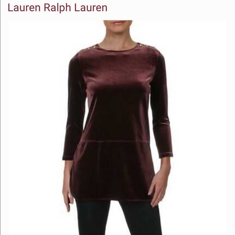 LAUREN BY RALPH LAUREN Burgundy Velvet Tunic 3/4 Sleeve Button Detail XS NWT